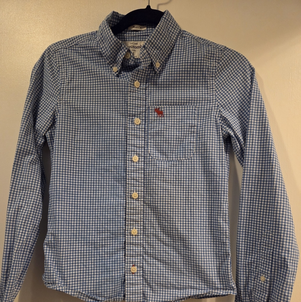 Abercrombie Kids Muscle Shirt Boys Large Blue White Gingham Plaid Button-Down